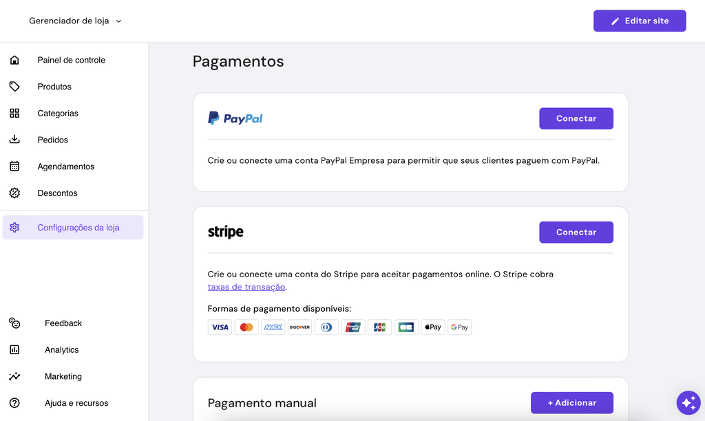 tela de pagamentos nas configura&ccedil;&otilde;es de loja do criador de sites da hostinger