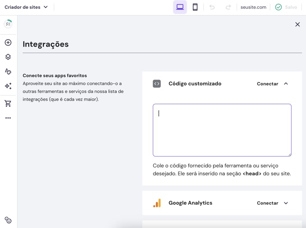 adicionando integração no criador de sites da hostinger