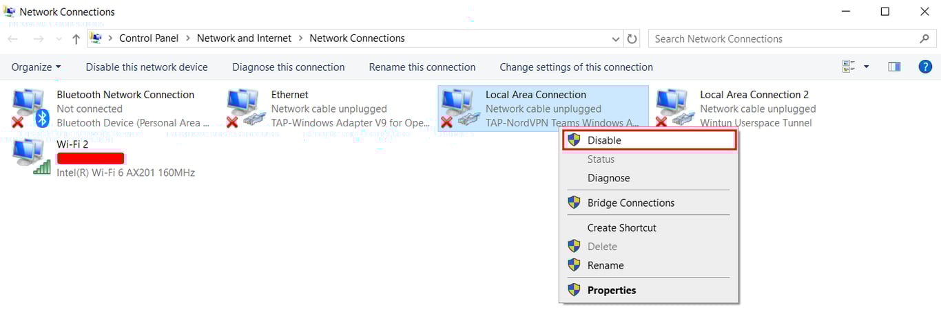 desativando redes na área de conexão do windows