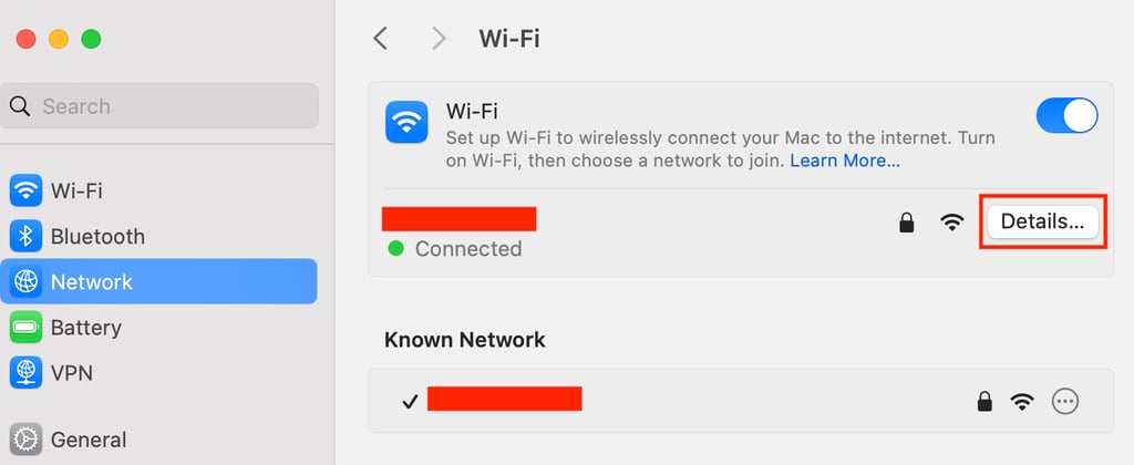 configura&ccedil;&otilde;es de rede do macOS com bot&atilde;o de "detalhes" em destaque