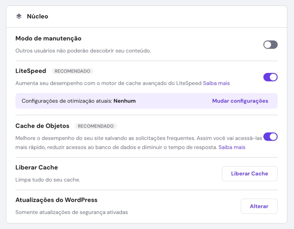 op&ccedil;&atilde;o de liberar cache de site wordpress no hpanel