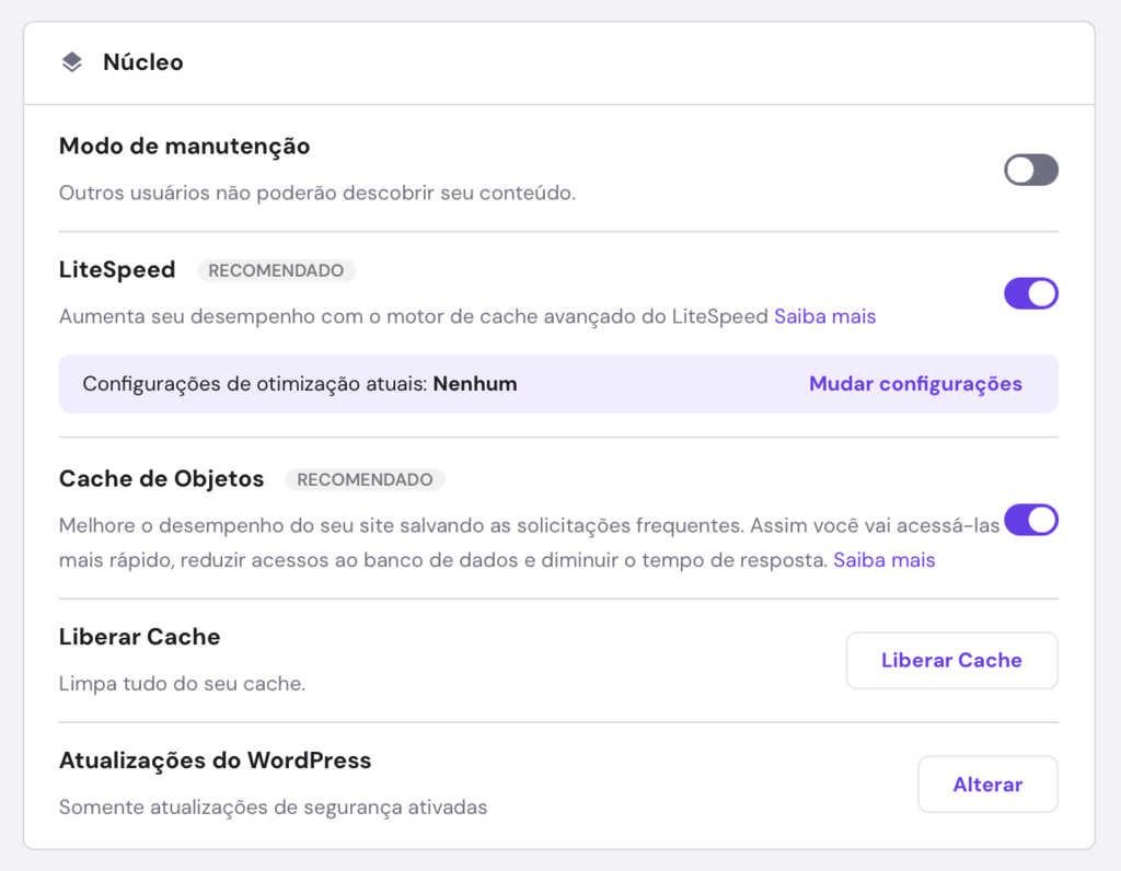 opção de liberar cache de site wordpress no hpanel