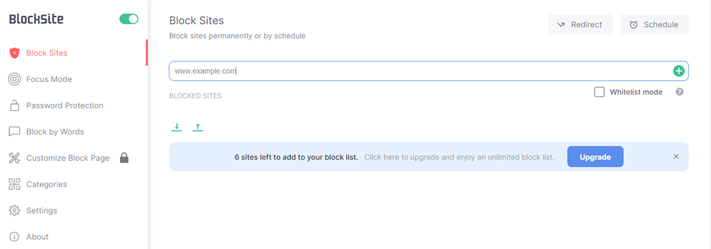 configurações de bloquear sites do blocksite
