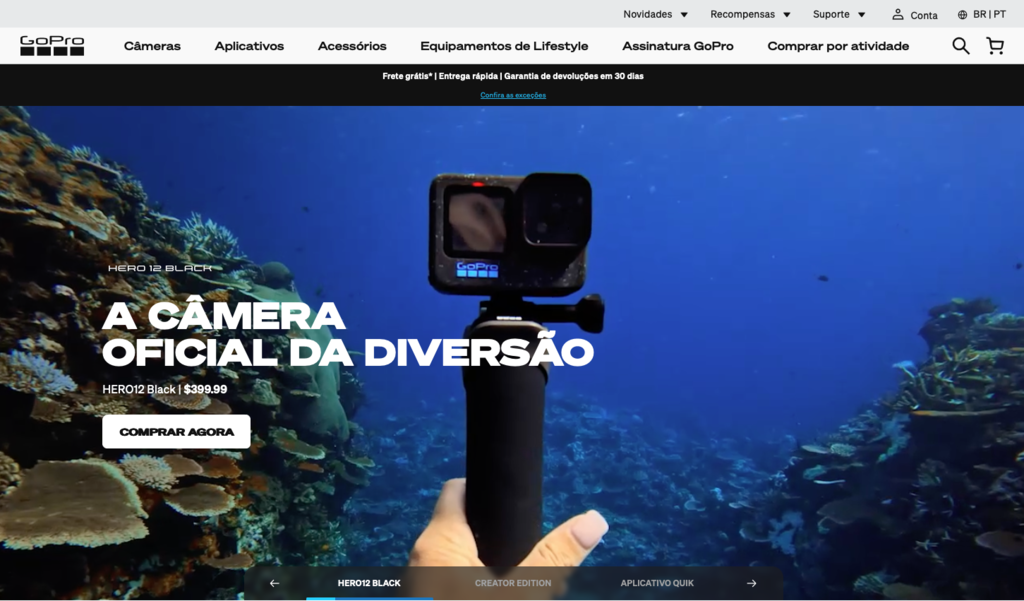p&aacute;gina inicial do site da gopro brasil