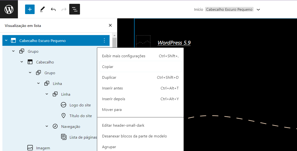 Visualização em lista editor de tema em blocos WordPress 5.9