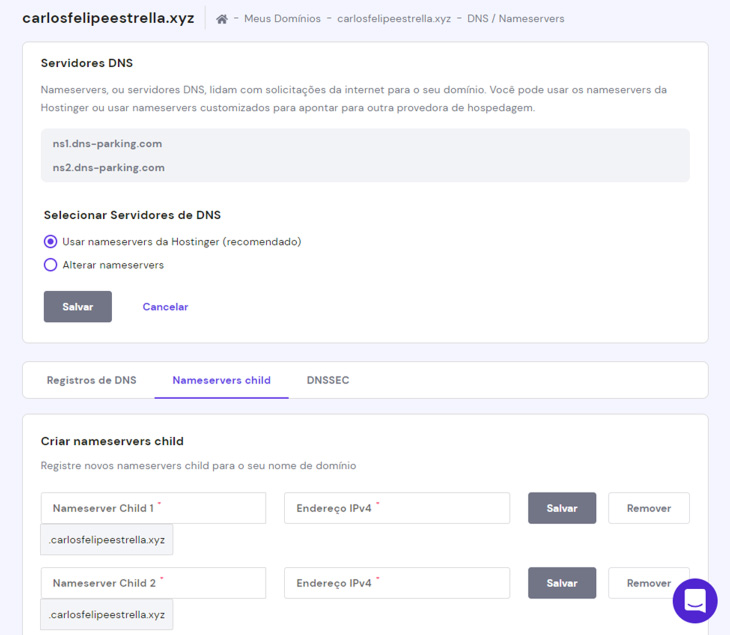 op&ccedil;&atilde;o de criar nameservers personalizados na hostinger