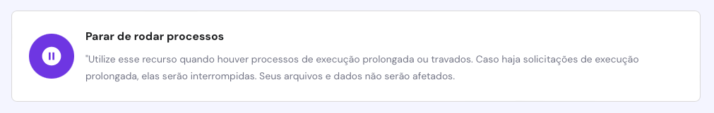 opção parar de rodar processos na página consumo de recursos do hpanel