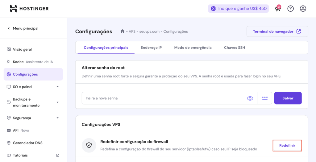 redefinir configuração de firewall do vps