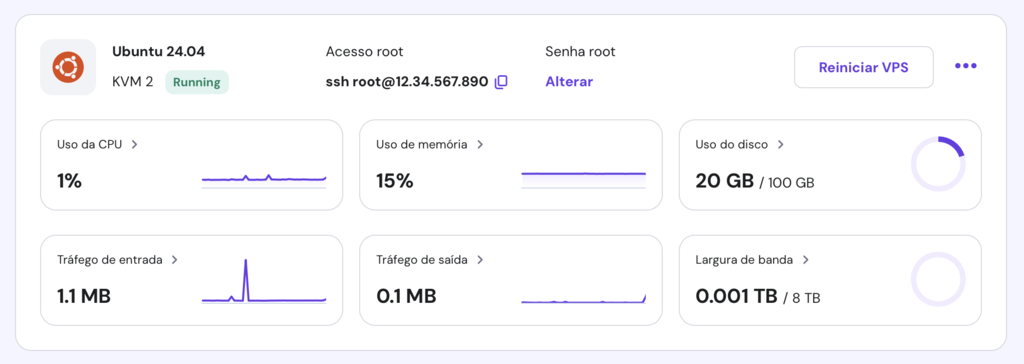 vis&atilde;o geral do vps com op&ccedil;&atilde;o de reiniciar vps no hpanel