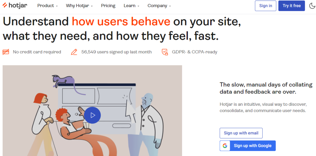P&aacute;gina inicial do site Hotjar
