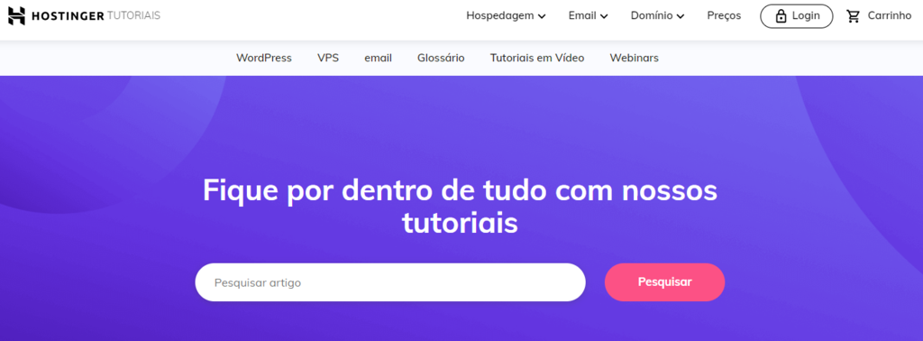 P&aacute;gina de Tutoriais do site da Hostinger