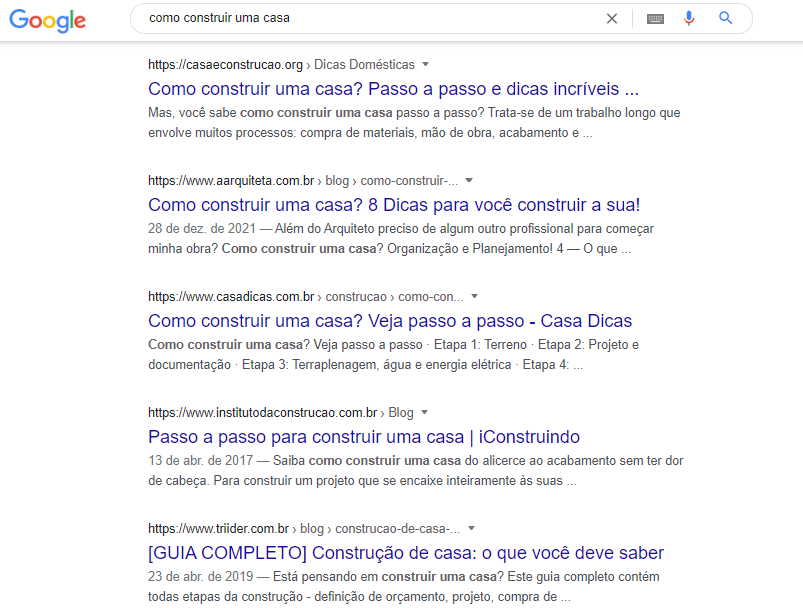 Página de resultados da busca "como construir uma casa" no Google
