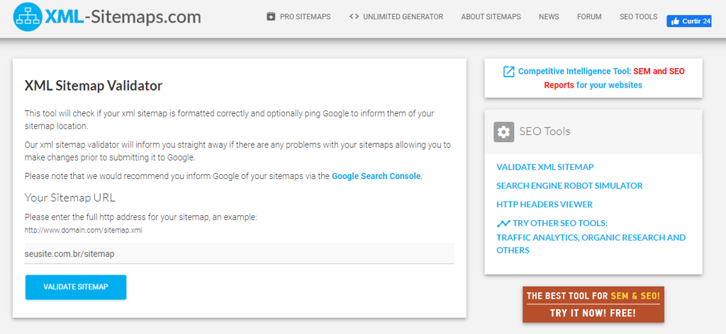 P&aacute;gina inicial do site XML - Sitemaps Validator