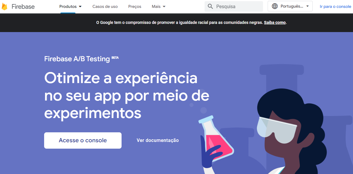 Página inicial do site Firebase