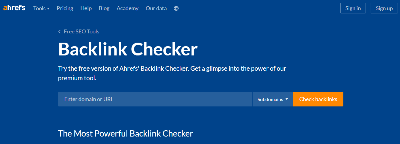Página do Verificador de Backlink do site Ahrefs