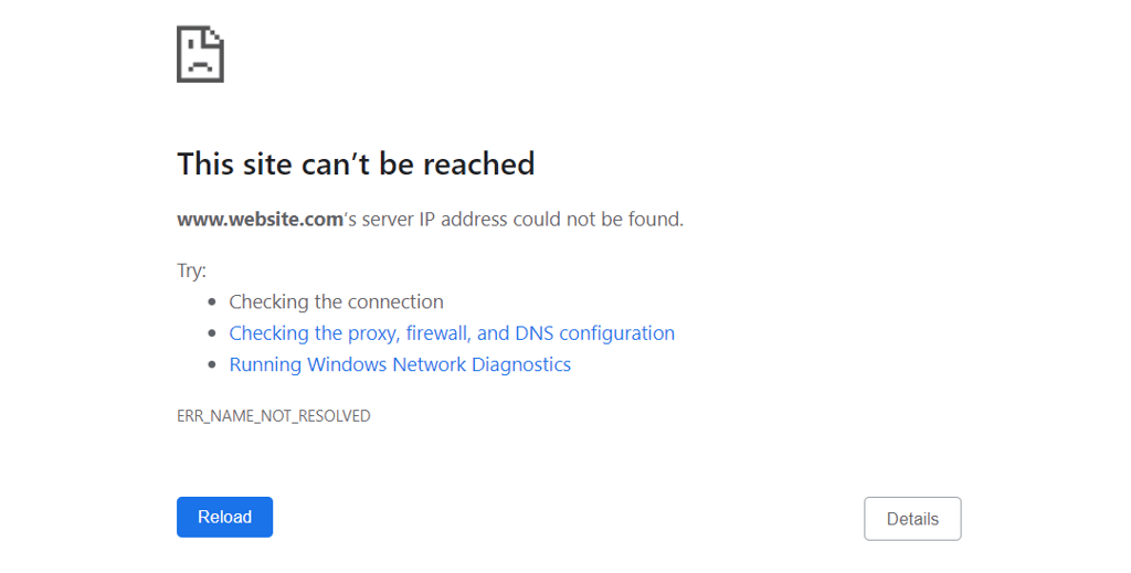 exemplo do erro err_name_not_resolved no google chrome