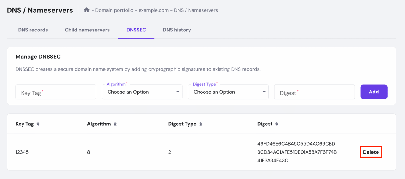 apagando registro dnssec no hpanel