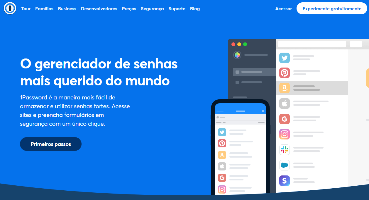 P&aacute;gina inicial do gerenciador de senhas 1Password