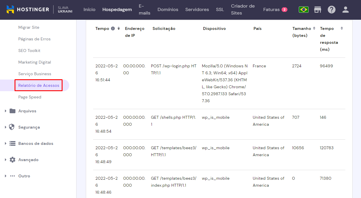 relat&oacute;rio de acesos no hpanel da hostinger
