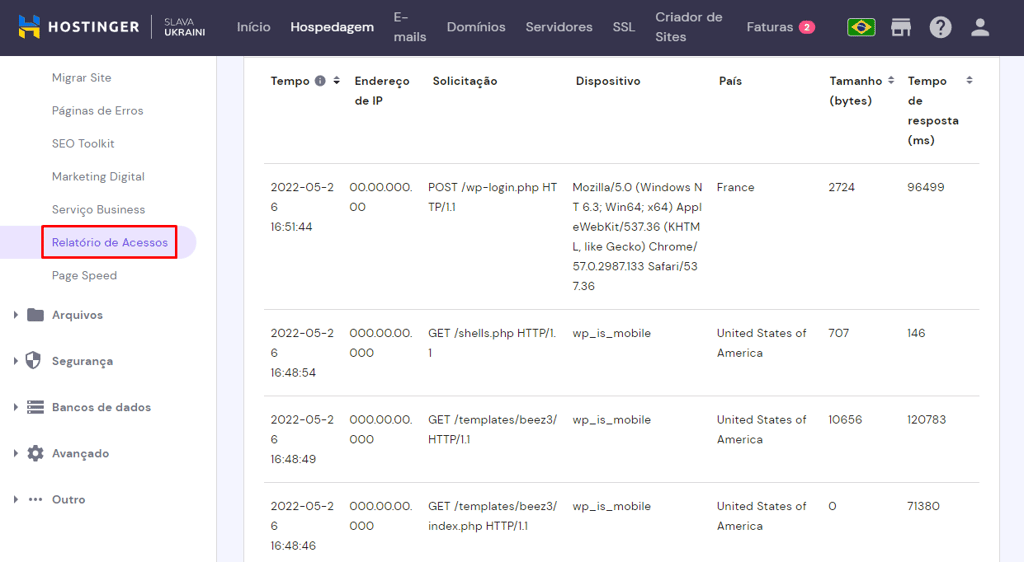 relatorio-de-acessos relatório de acesos no hpanel da hostinger
