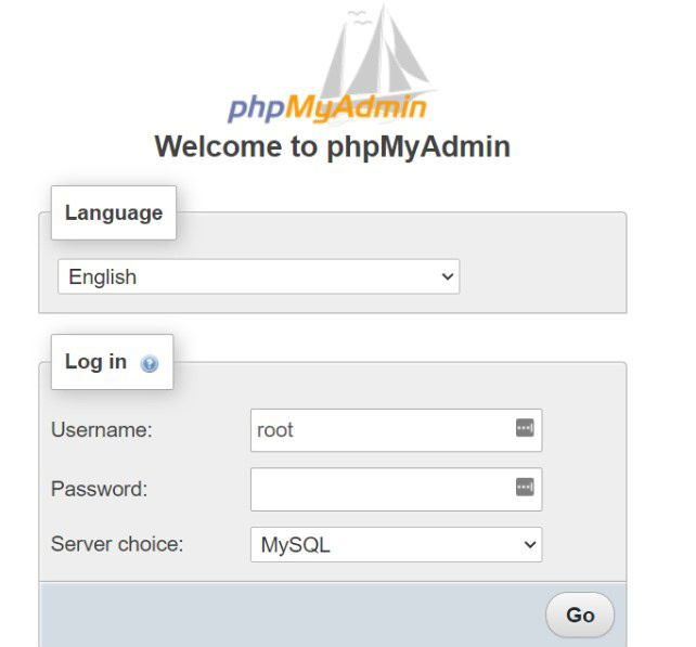página de entrada do phpMyadmin