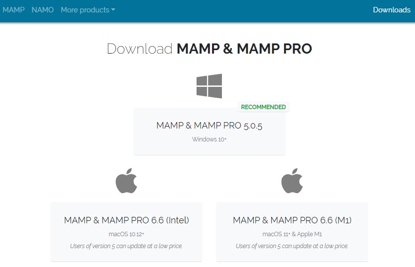 Página de downloads do site MAMP