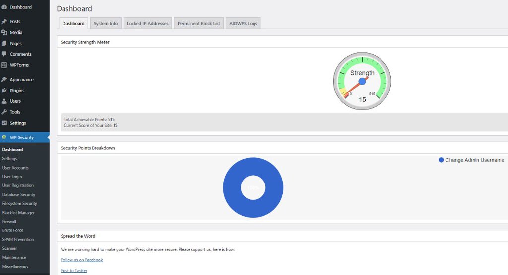 Painel de administra&ccedil;&atilde;o do All In One WP Security & Firewall 