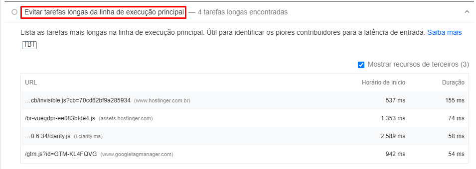 Evitar tarefas longas da linha de execu&ccedil;&atilde;o principal no google pagespeed insights