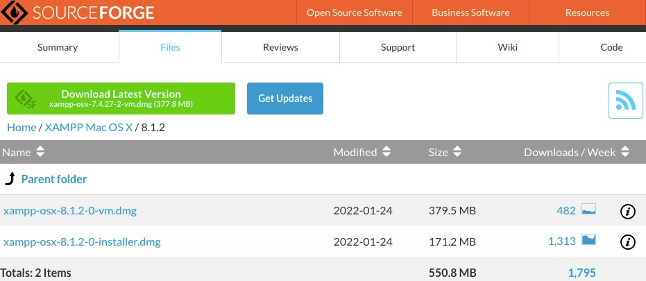 opções de download do XAMPP