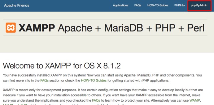 Informações do XAMPP para acesso phpMyAdmin