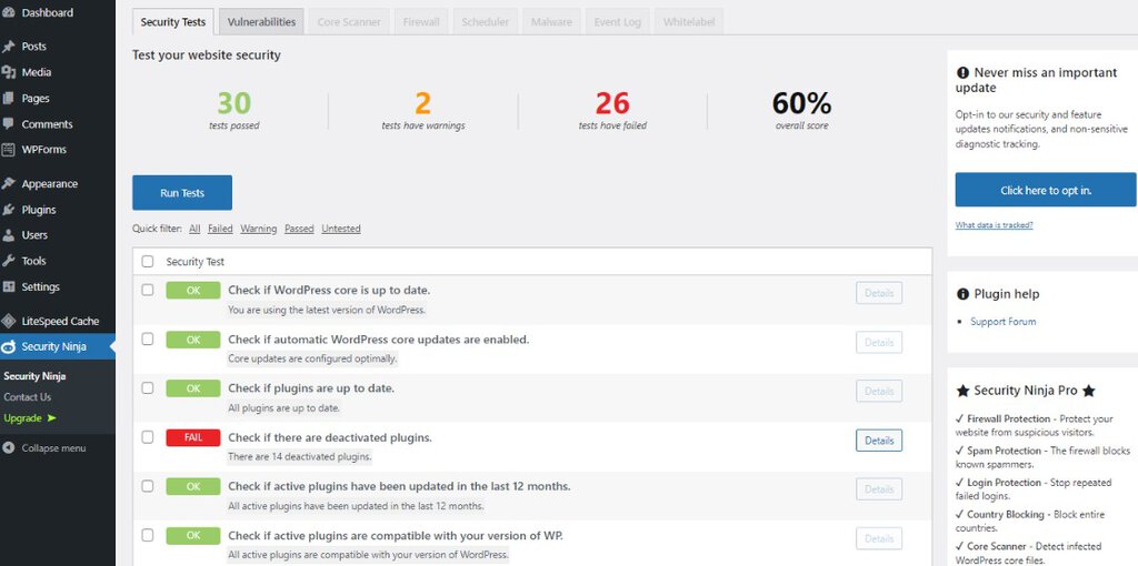Painel de administra&ccedil;&atilde;o do Security Ninja