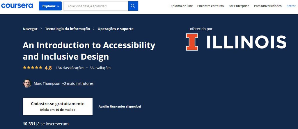 P&aacute;gina do curso online da Universidade de Illinois sobre acessibilidade e design inclusivo oferecido no site da Coursera