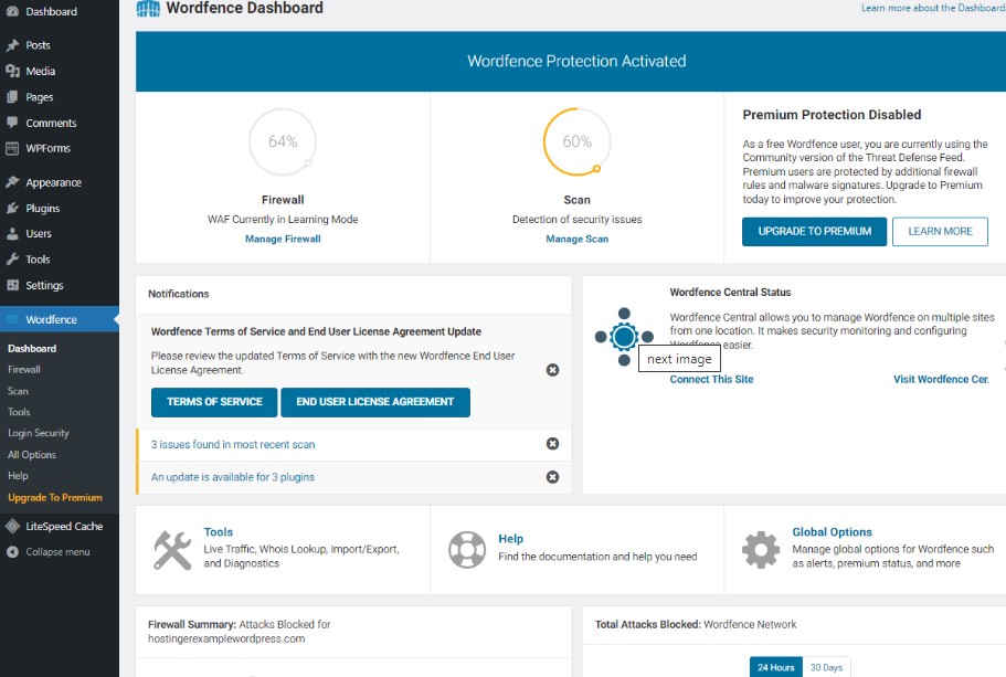 Painel de administra&ccedil;&atilde;o Wordfence Security.