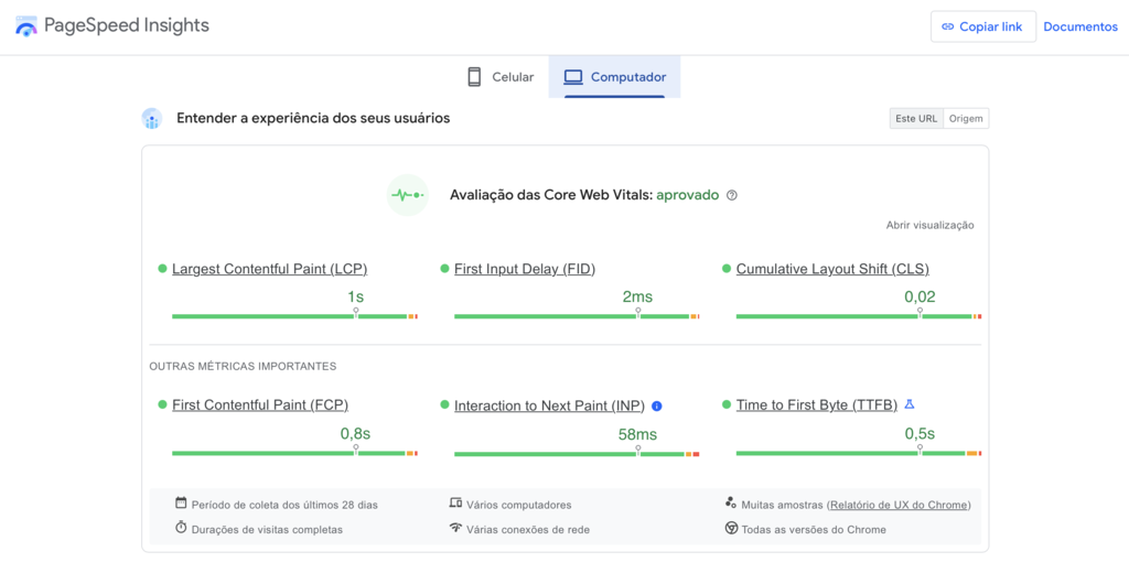 hostinger-tutoriais-core-web-vitals google pagespeed insights com indicação de Core Web Vitals