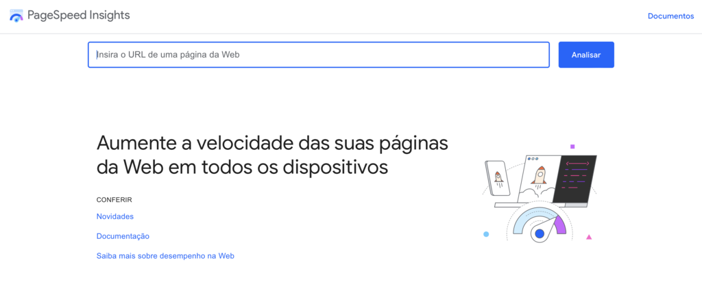 página inicial do pagespeed insights