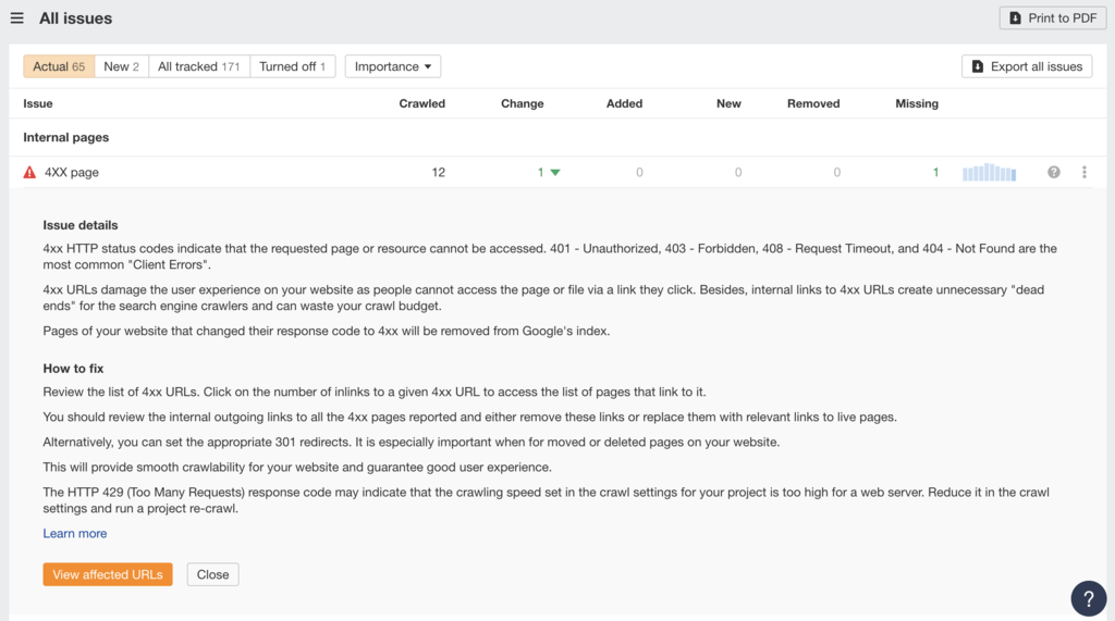 campo "all issues" na auditoria de site do ahrefs e dicas de como resolver os problemas