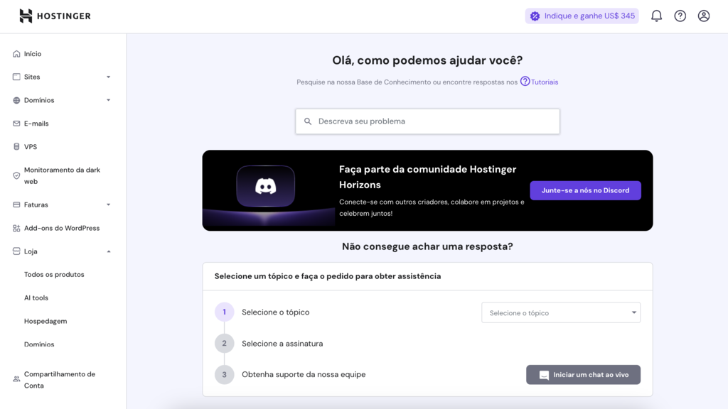 seção "ajuda" no hpanel