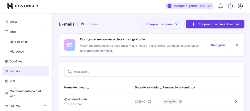 tela de gerenciamento de email no hpanel