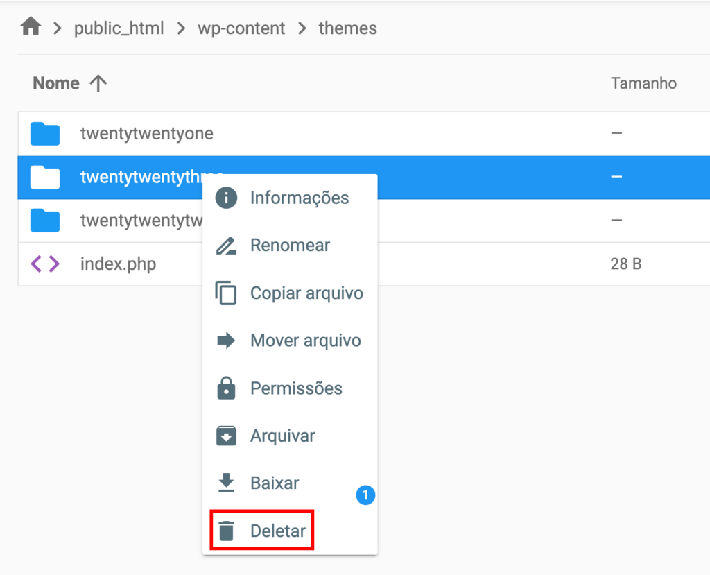 Exclusão de um tema do WordPress no Gerenciador de arquivos da Hostinger