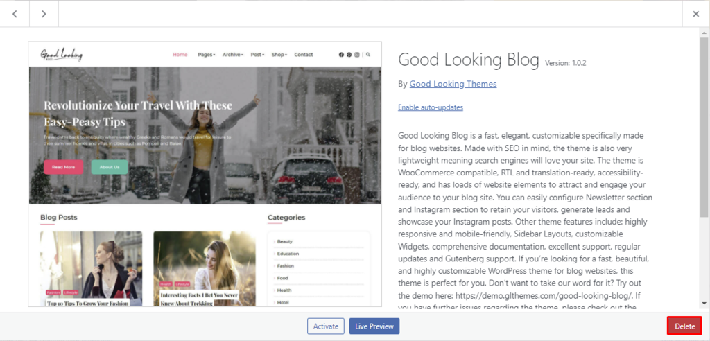 Tela de detalhes do tema incluindo botão de deletar
