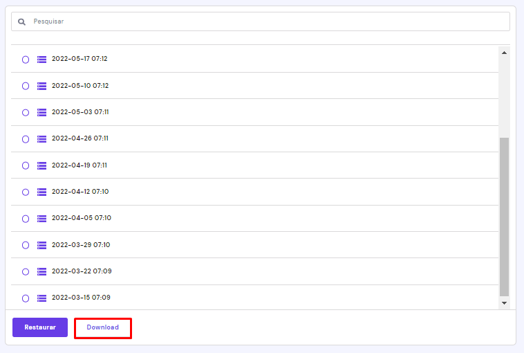 Opção de seleção da data para preparação do backup de banco de dados
