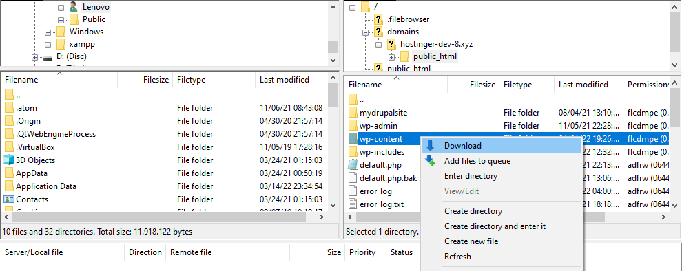 Baixando a pasta wp-content via FileZilla
