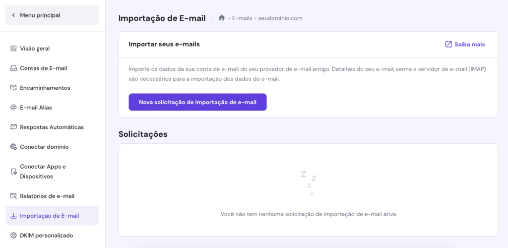 menu de importa&ccedil;&atilde;o de email no hpanel