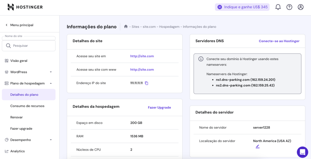 informações do plano no hpanel