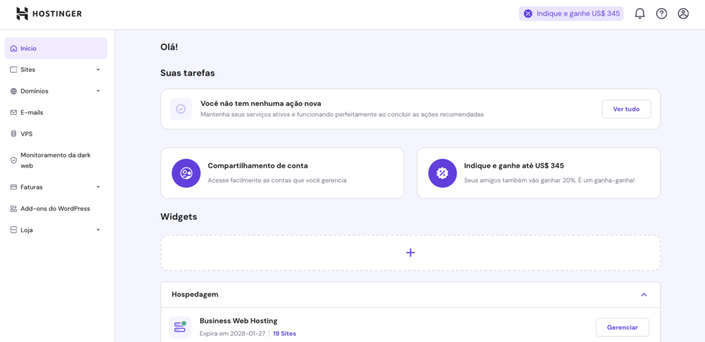 tela início do hpanel