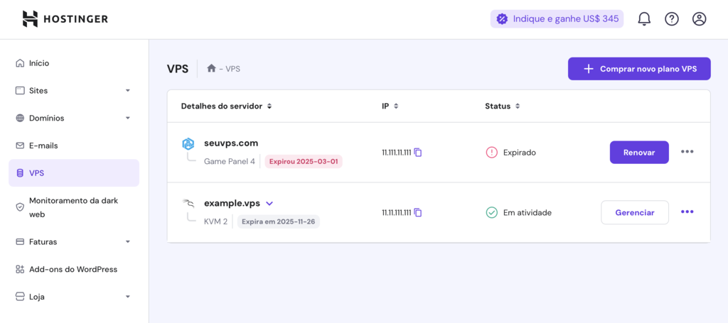 lista de vps no hpanel