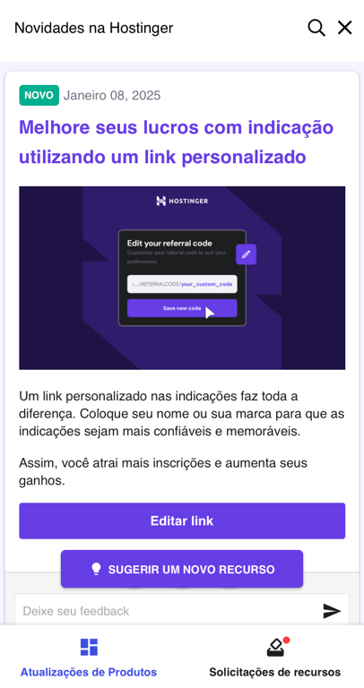 aba "o que há de novo" no hpanel