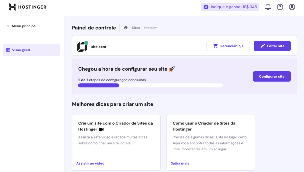 painel de controle de site criado no criador de sites (hpanel)
