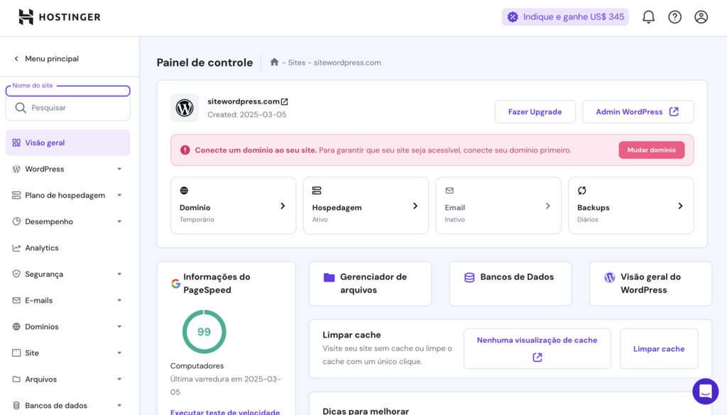 painel de controle do wordpress (hpanel)
