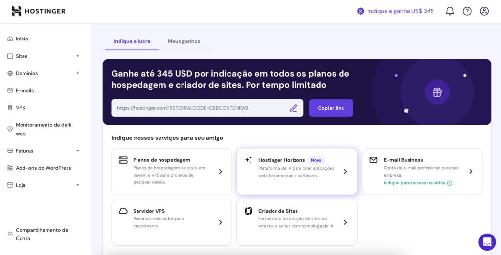 programa de indicação da hostinger no hpanel